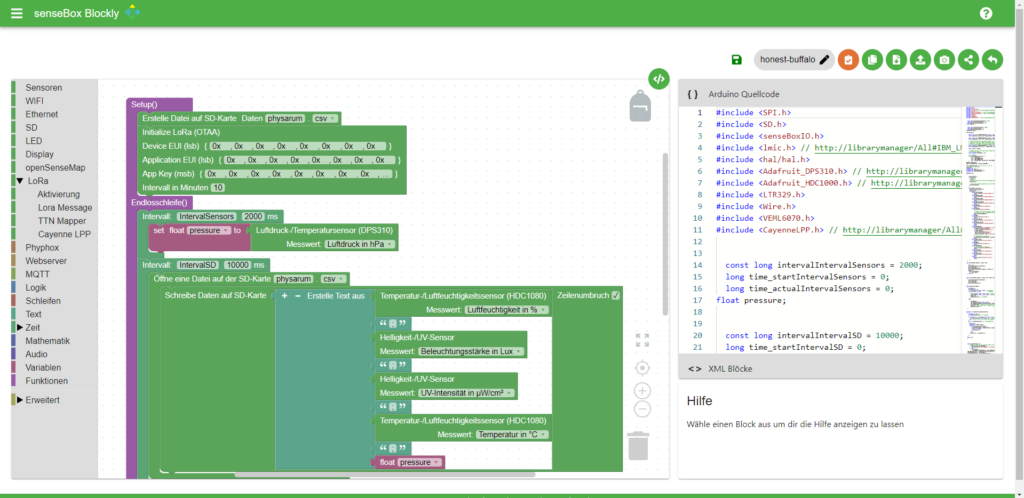 Die Abbildung zeigt einen Screenshot des mittels Blocky programmierten Codes der senseBox.