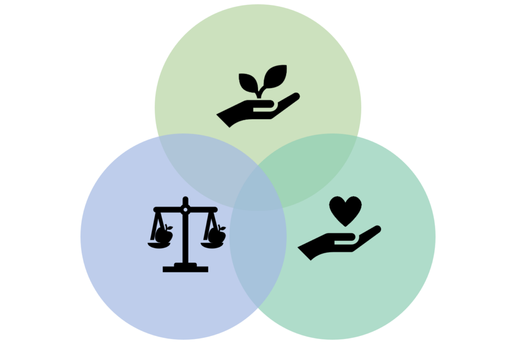 Die Abbildung zeigt die ethischen Prinzipien der Permakultur earth care, people care und fair share.